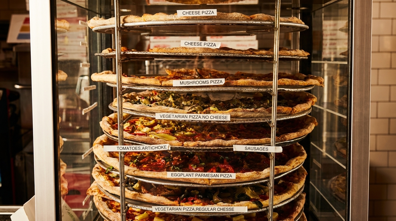 A rotating display case filled with various pizzas, including cheese, mushroom, and vegetarian options.