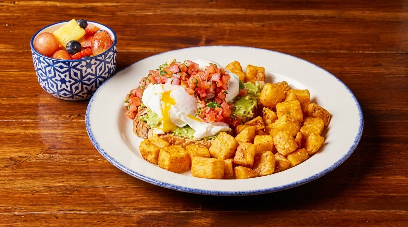 Avocado toast with poached eggs, pico de gallo, home fries, and a side of fruit.