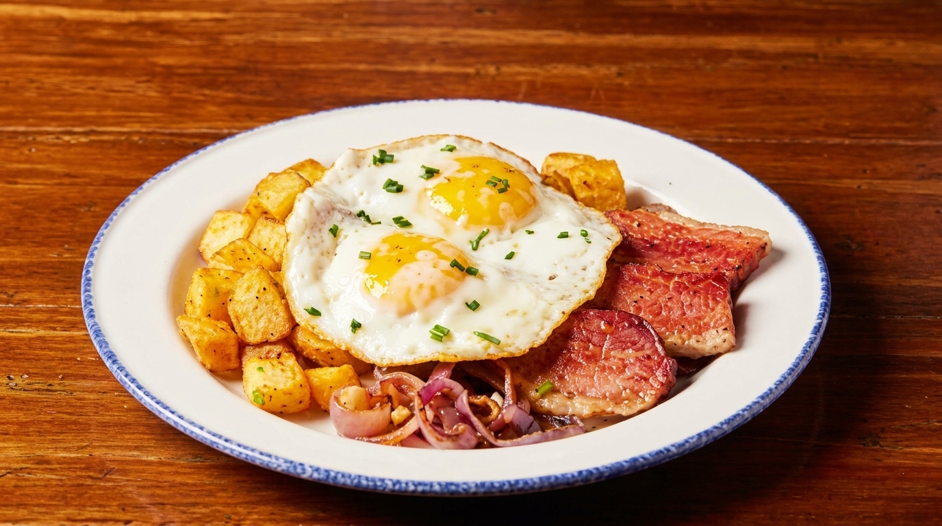Hearty breakfast plate with two fried eggs, crispy potatoes, bacon, and sautéed red onions.