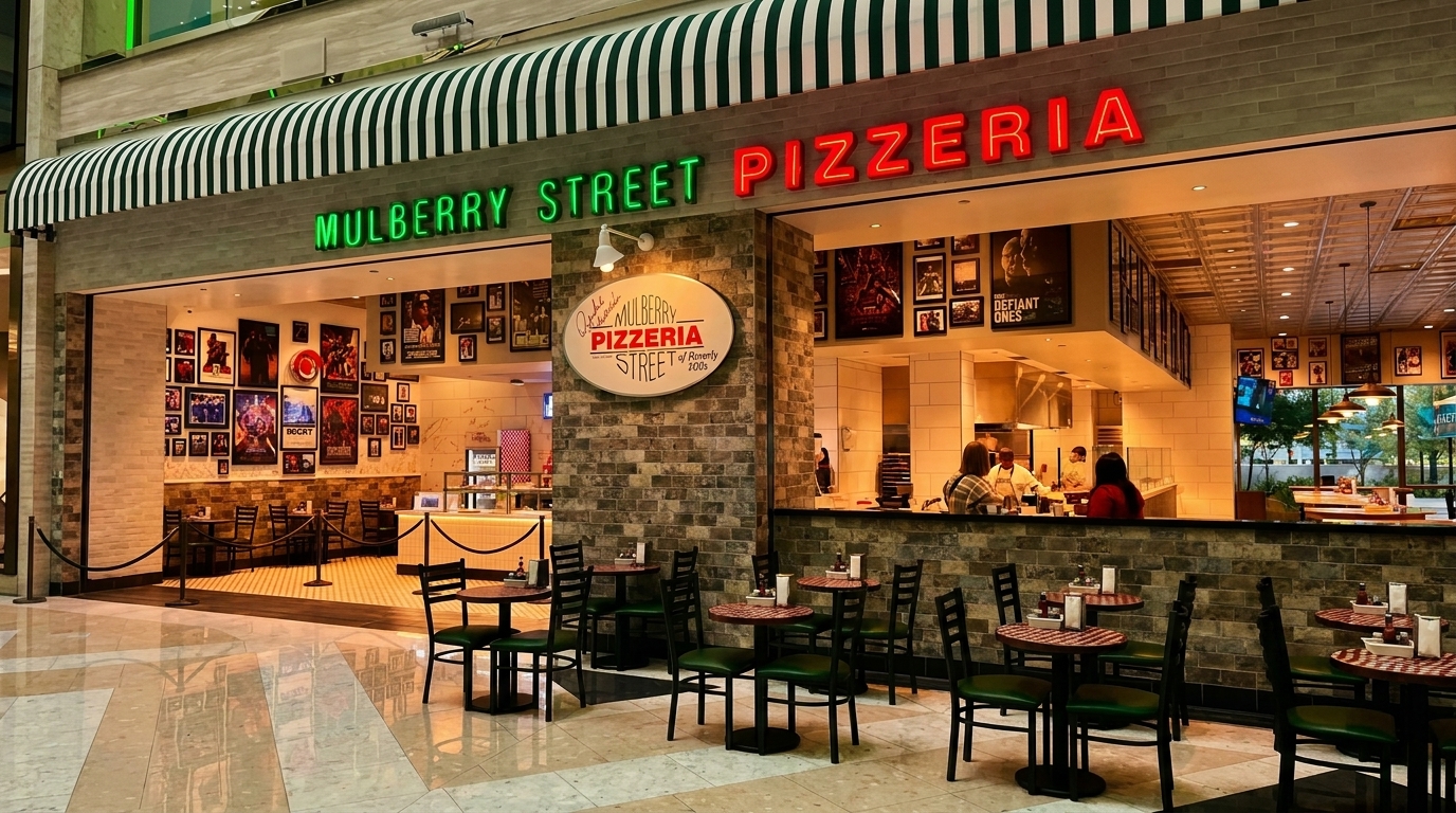 Exterior of Mulberry Street Pizzeria with green and red neon signs, a striped awning, and outdoor seating.