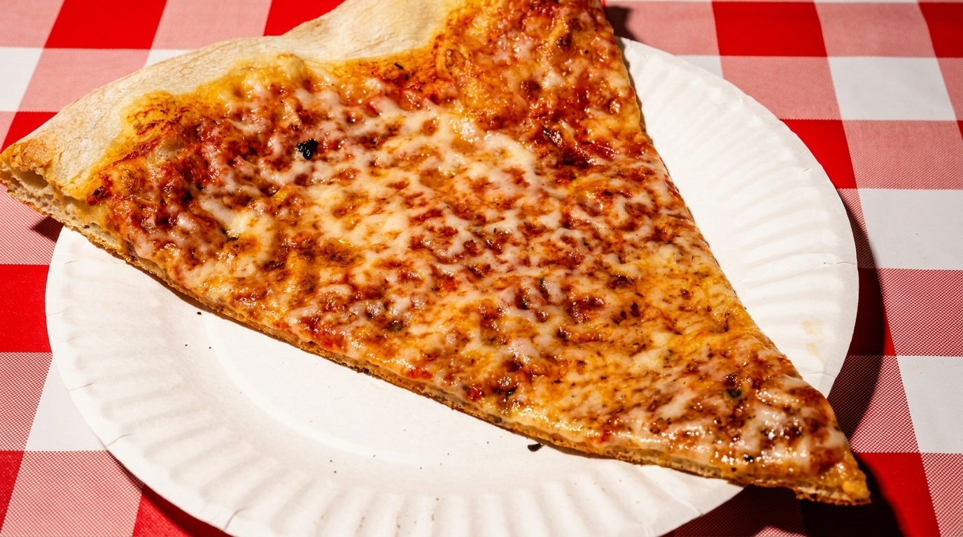 A slice of cheese pizza on a white paper plate, resting on a red and white checkered tablecloth.