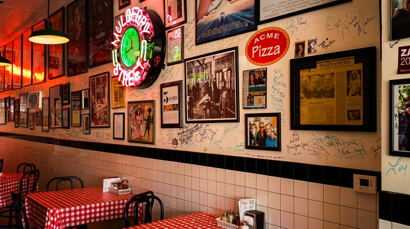 Restaurant interior with red and white checkered tablecloths, tiled walls, and framed photos and memorabilia.