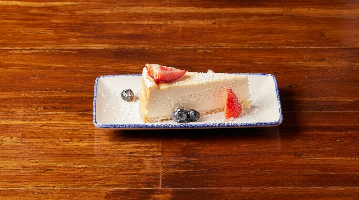 A slice of cheesecake with strawberries, blueberries, and powdered sugar on a white plate.