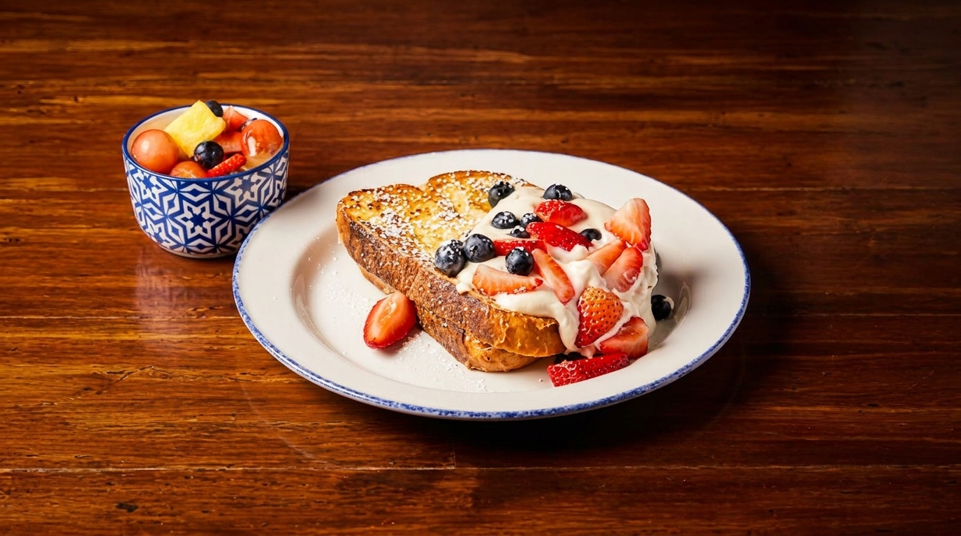 French toast topped with whipped cream, strawberries, blueberries, and a side of fruit salad.