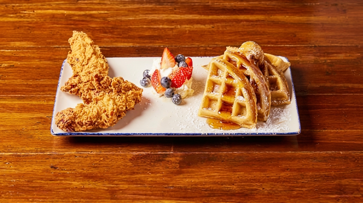 Crispy fried chicken tenders, waffles with syrup, whipped cream, strawberries, and blueberries on a white plate.
