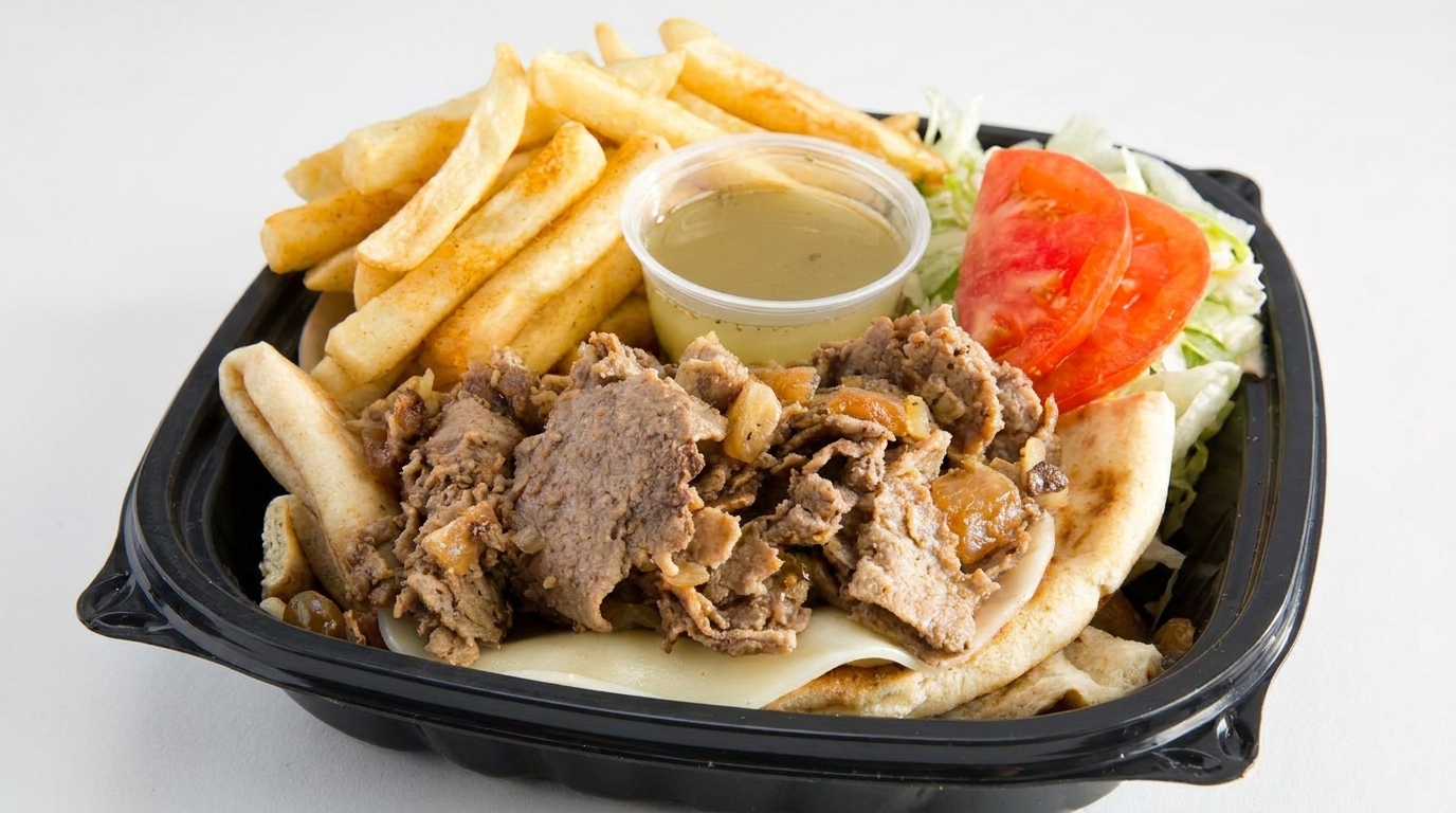 Cheesesteak platter with fries, lettuce, tomatoes, and a side of sauce in a black to-go container.