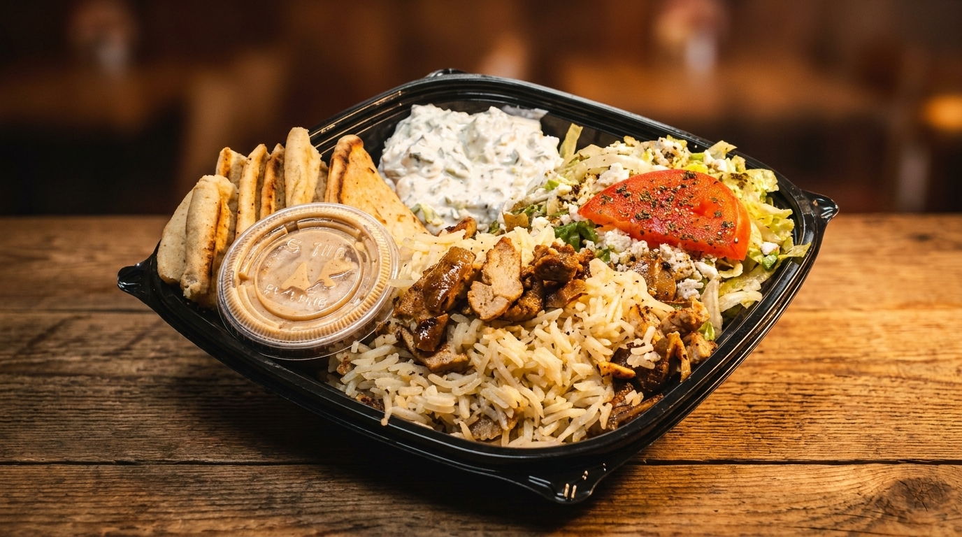 A takeout container filled with chicken and rice, pita bread, tzatziki, salad, and a side of sauce.