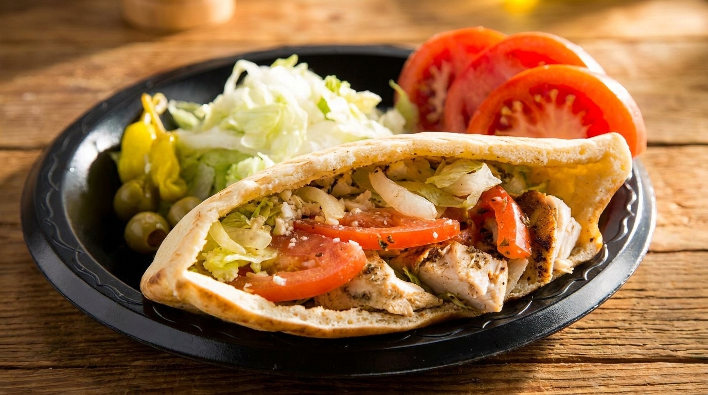 Chicken pita sandwich with lettuce, tomatoes, and feta, served with a side salad and olives.