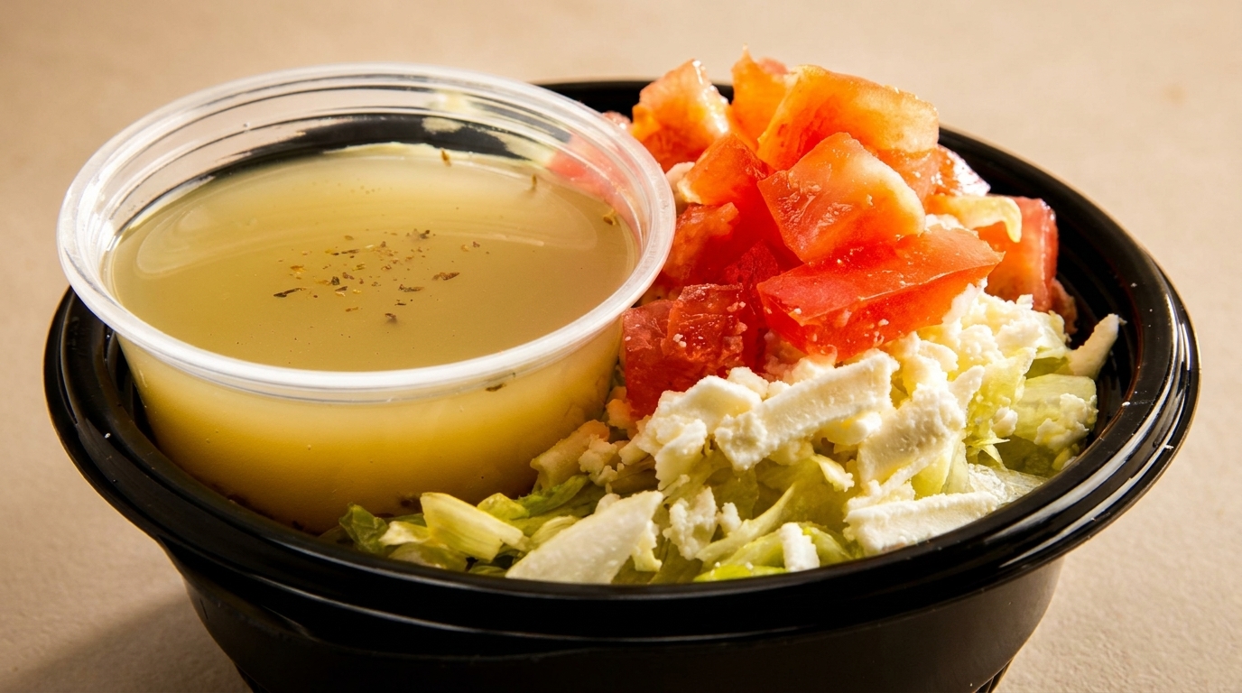 A black bowl with a side salad of lettuce, tomatoes, feta cheese, and a cup of dressing.