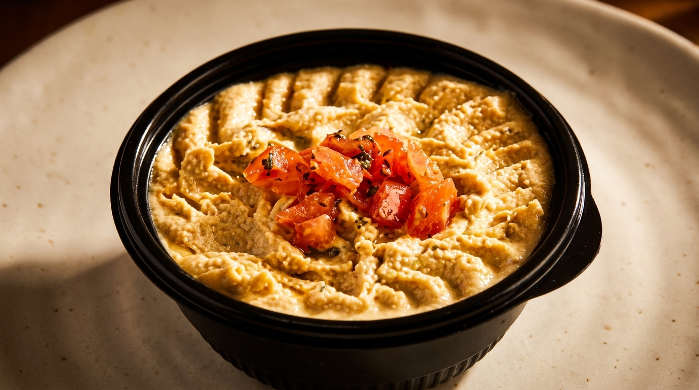 Creamy hummus topped with diced tomatoes and spices in a black bowl on a light plate.