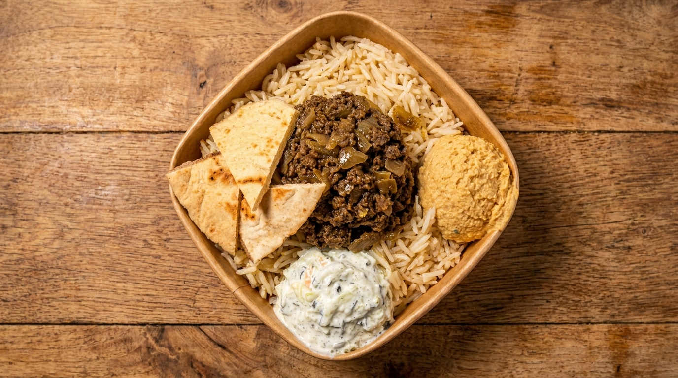A takeout bowl with rice, ground meat, pita bread, hummus, and tzatziki on a wooden table.
