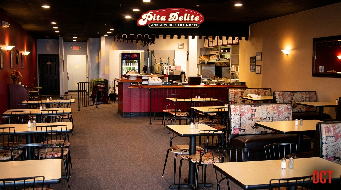 Interior of Pita Delite restaurant with empty tables, booths, and a service counter under a red sign.