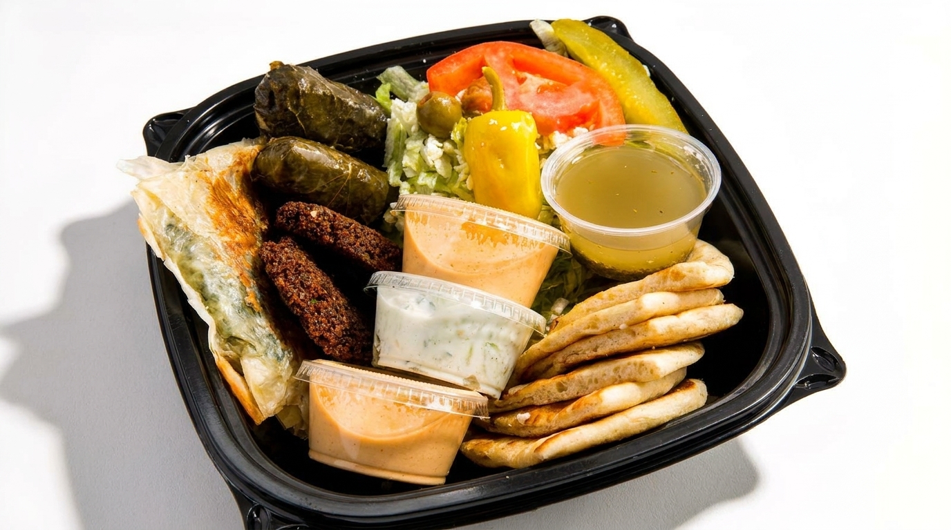 A black takeout container filled with falafel, stuffed grape leaves, salad, pita bread, and sauces.