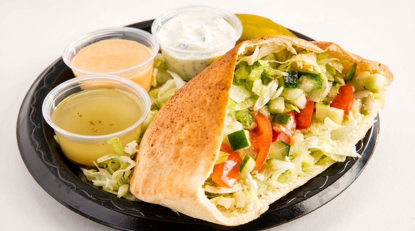 Pita bread sandwich filled with lettuce, tomatoes, and cucumbers, served with three dipping sauces.