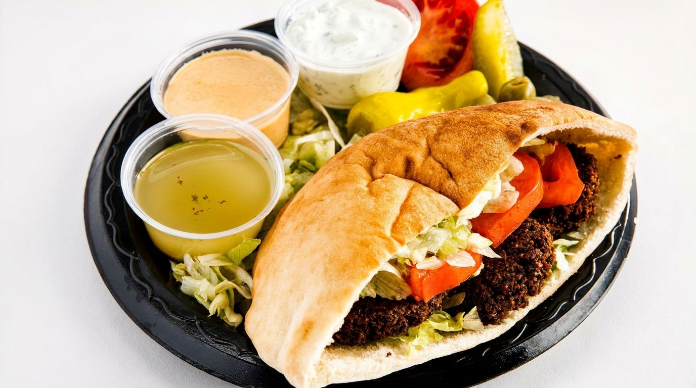 Falafel pita sandwich with lettuce, tomatoes, and sauces on a black plate.