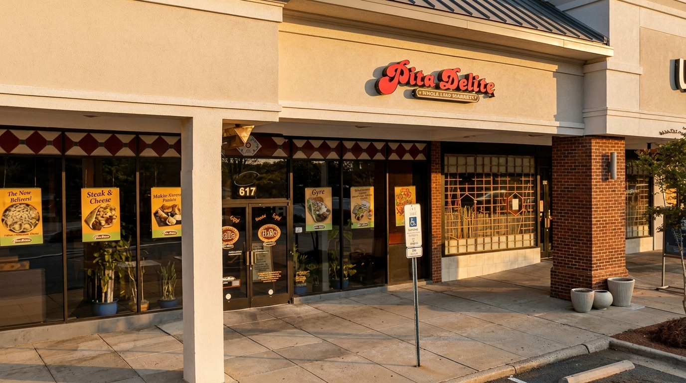 The exterior of Pita Delite restaurant, with large windows displaying food advertisements and a brick pillar.