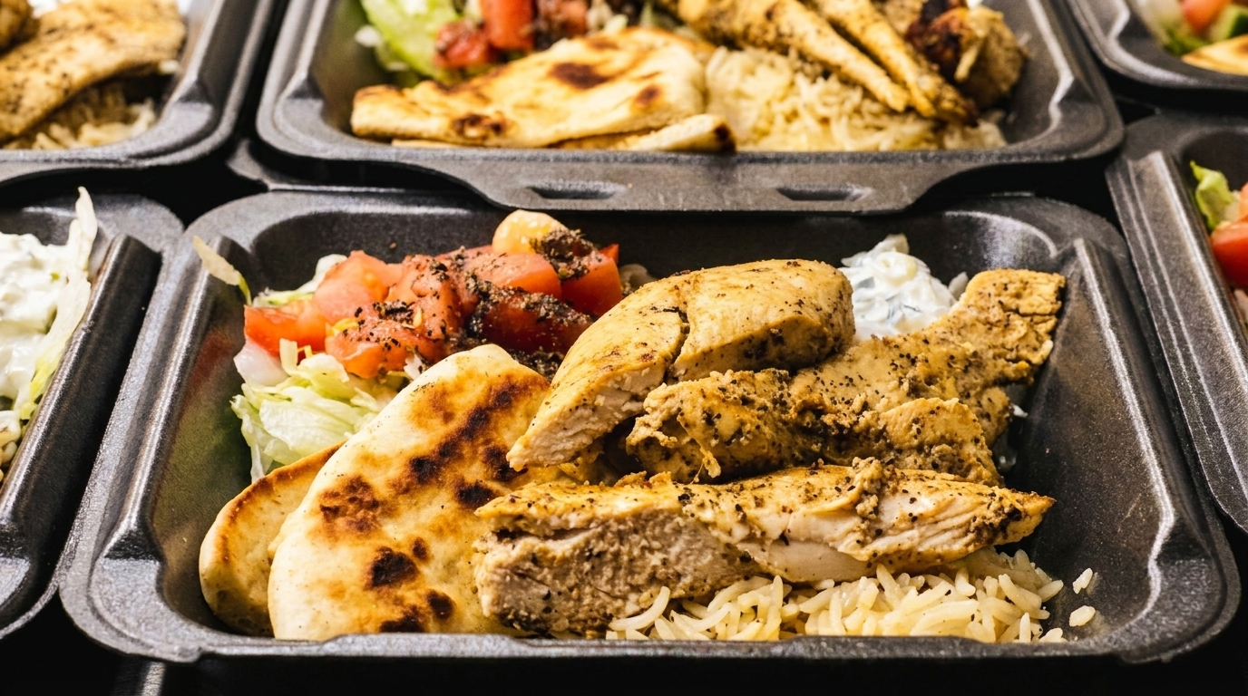 Multiple takeout containers filled with grilled chicken, rice, pita bread, and fresh salad.