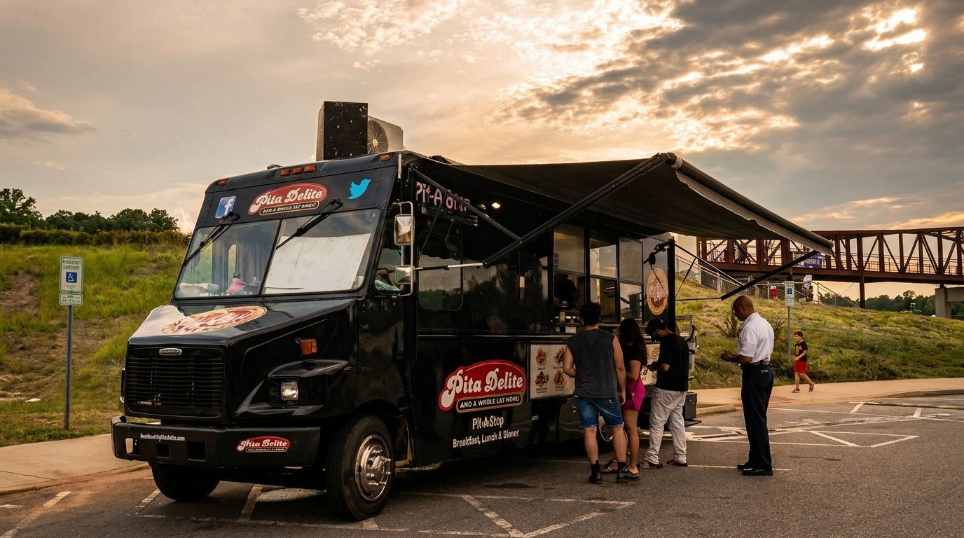 People order food from the Pita Delite food truck under a dramatic cloudy sky at sunset.