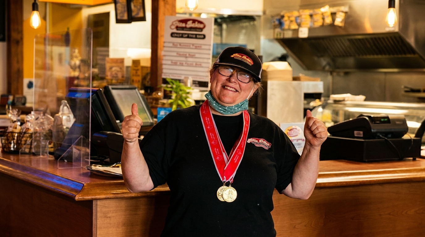 Smiling woman in a black shirt and hat, wearing medals, giving two thumbs up behind a counter.