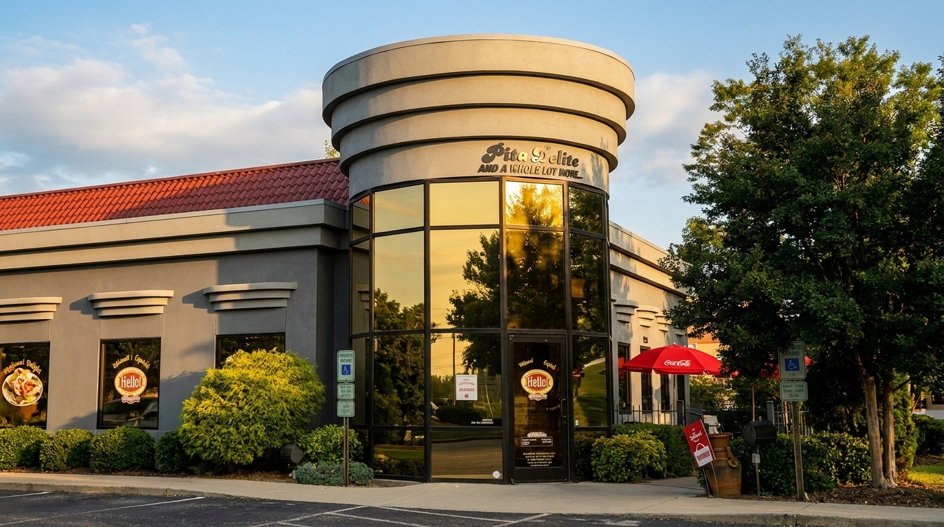 Exterior of Pita Delite restaurant with a red tile roof, large windows, and a red Coca-Cola umbrella.
