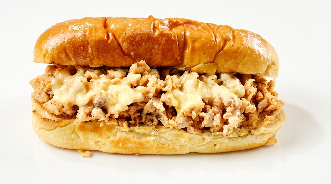 Cheesy chicken sandwich on a toasted bun, filled with chopped chicken and melted cheese.