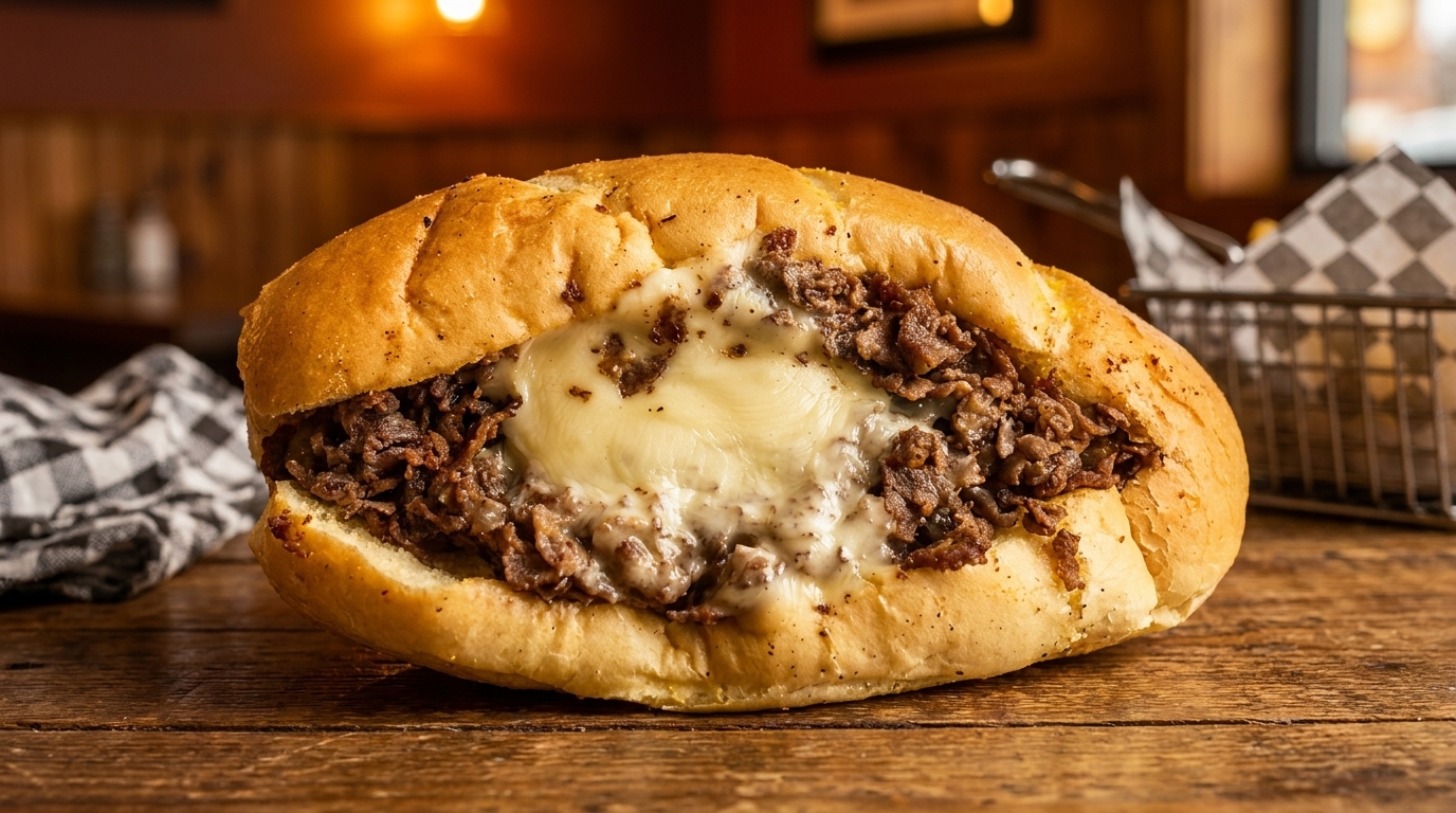 A close-up of a cheesesteak sandwich with melted cheese and steak on a wooden table.