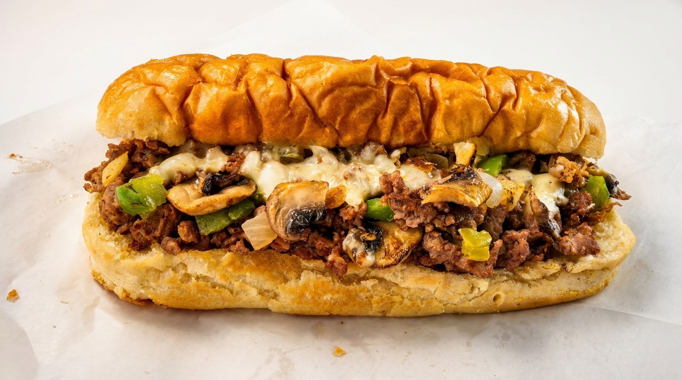 A delicious cheesesteak sandwich filled with meat, melted cheese, mushrooms, onions, and green peppers.