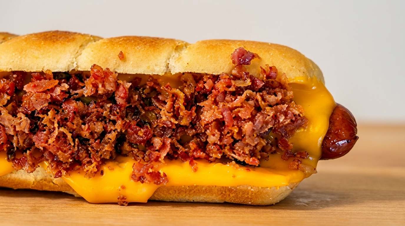 Hot dog in a bun, topped with melted cheese and crispy bacon bits on a wooden surface.