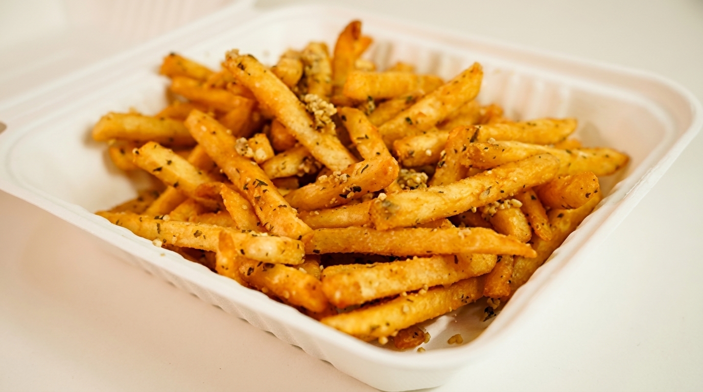 Golden brown french fries seasoned with herbs and garlic, served in a white takeout container.