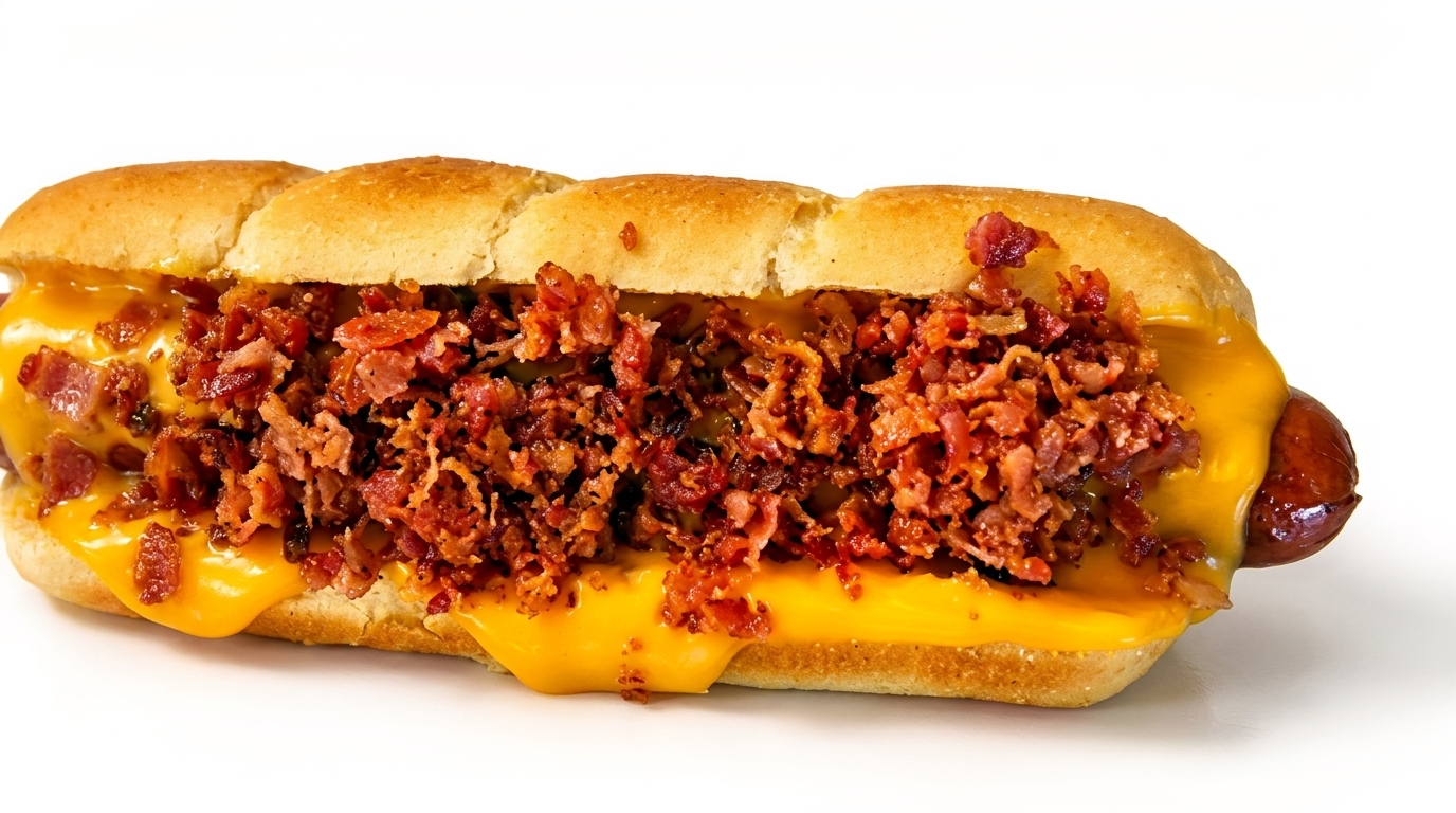 A hot dog in a bun, generously topped with melted cheese and crispy bacon bits.