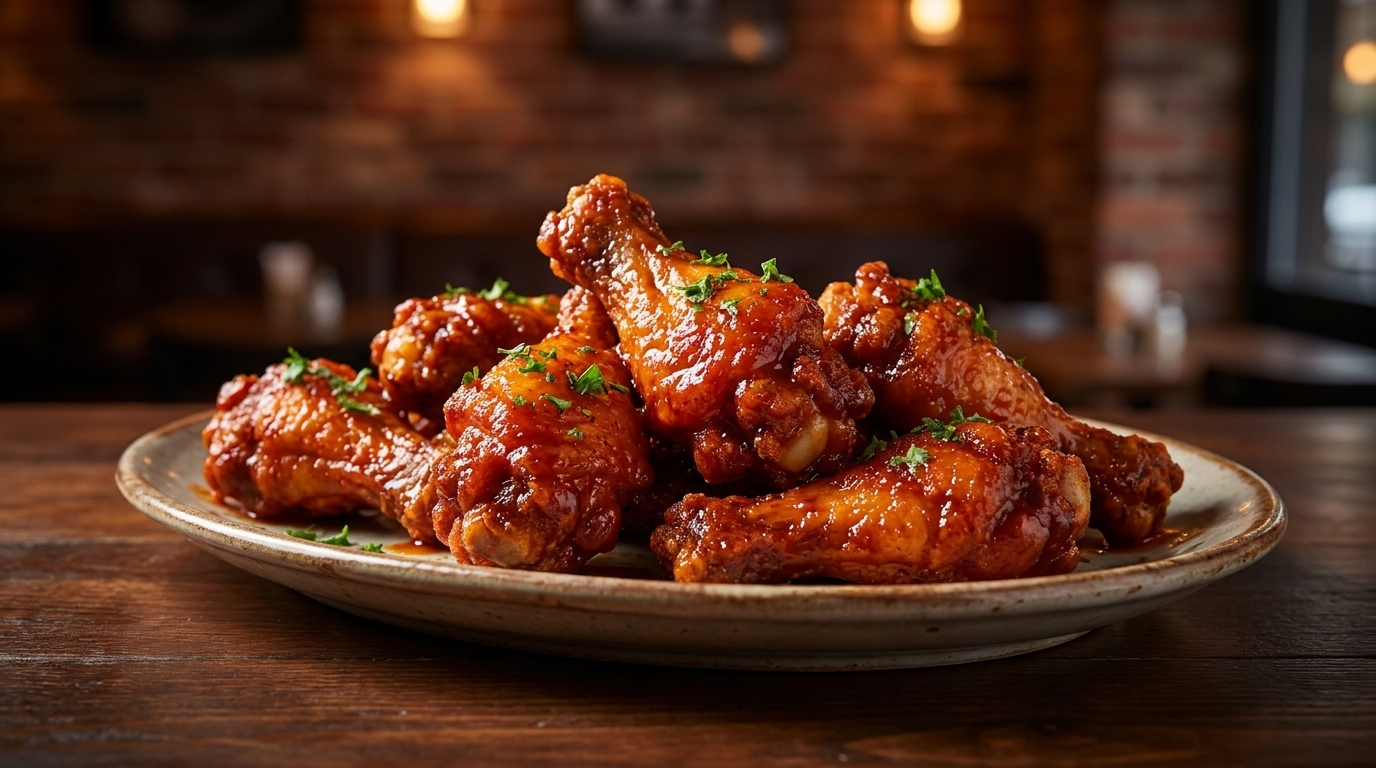 A plate of glistening, saucy chicken wings garnished with parsley on a wooden table.