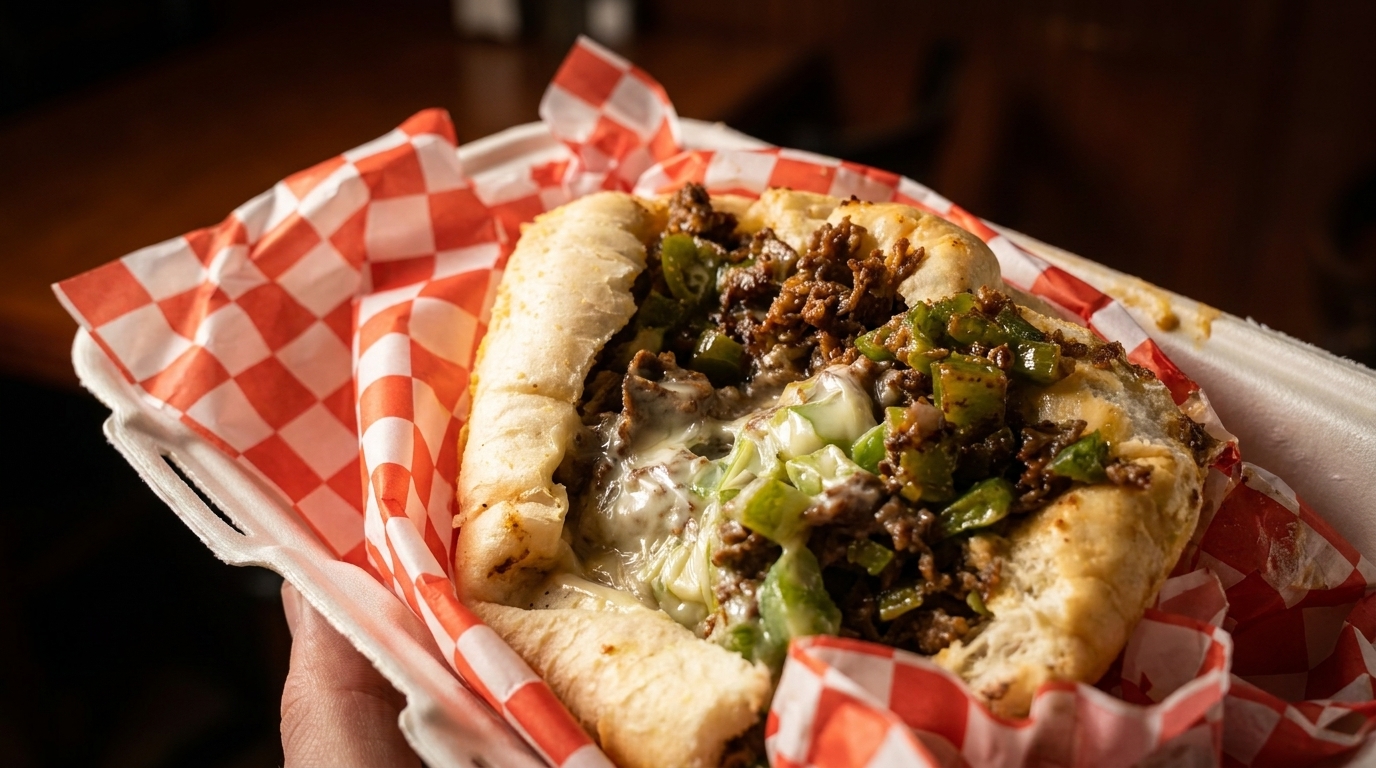 A hand holds a cheesesteak sandwich with steak, melted cheese, and green peppers in a red checkered wrapper.