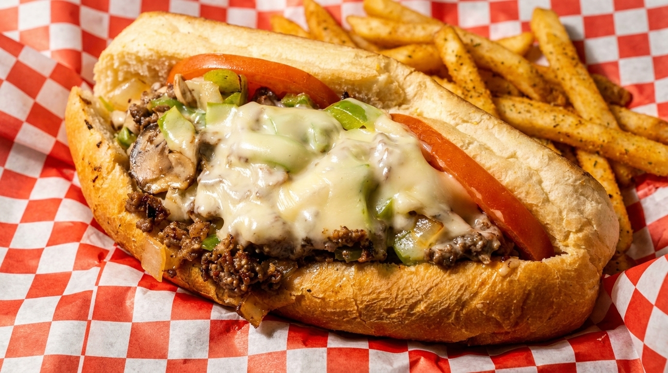 Cheesesteak sandwich with melted cheese, peppers, onions, and tomatoes, served with fries on checkered paper.