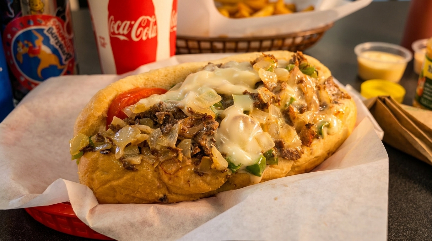 Cheesesteak sandwich with melted cheese, onions, and peppers, served with fries and a soda.