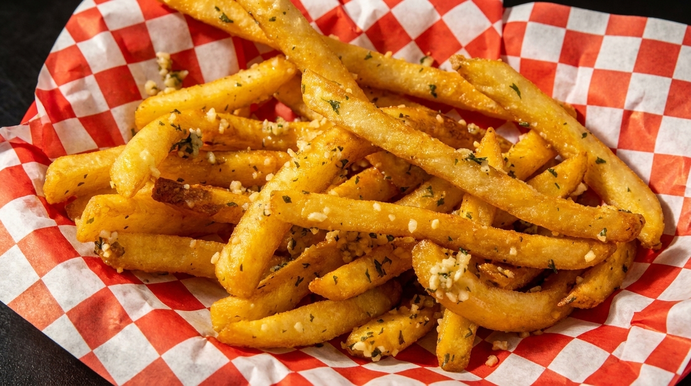 Golden garlic fries with parsley in a red and white checkered paper basket.