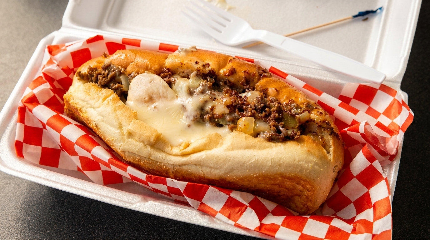Cheesesteak sandwich with melted cheese and ground meat in a white takeout container with red checkered paper.