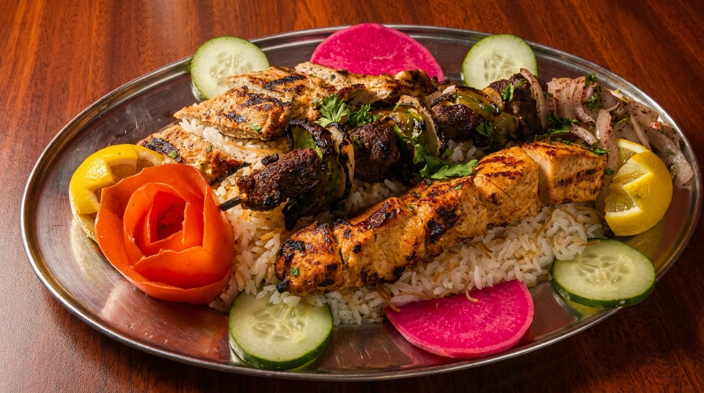 A platter of grilled chicken and beef kebabs on rice, garnished with cucumber, lemon, and pickled turnip.