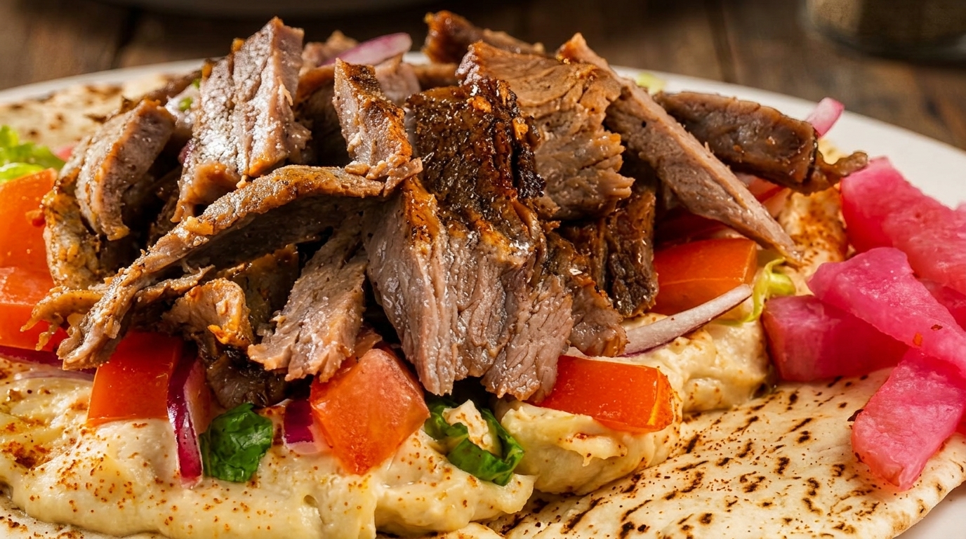 Close-up of a beef shawarma plate with hummus, tomatoes, onions, and pickled turnips on pita bread.