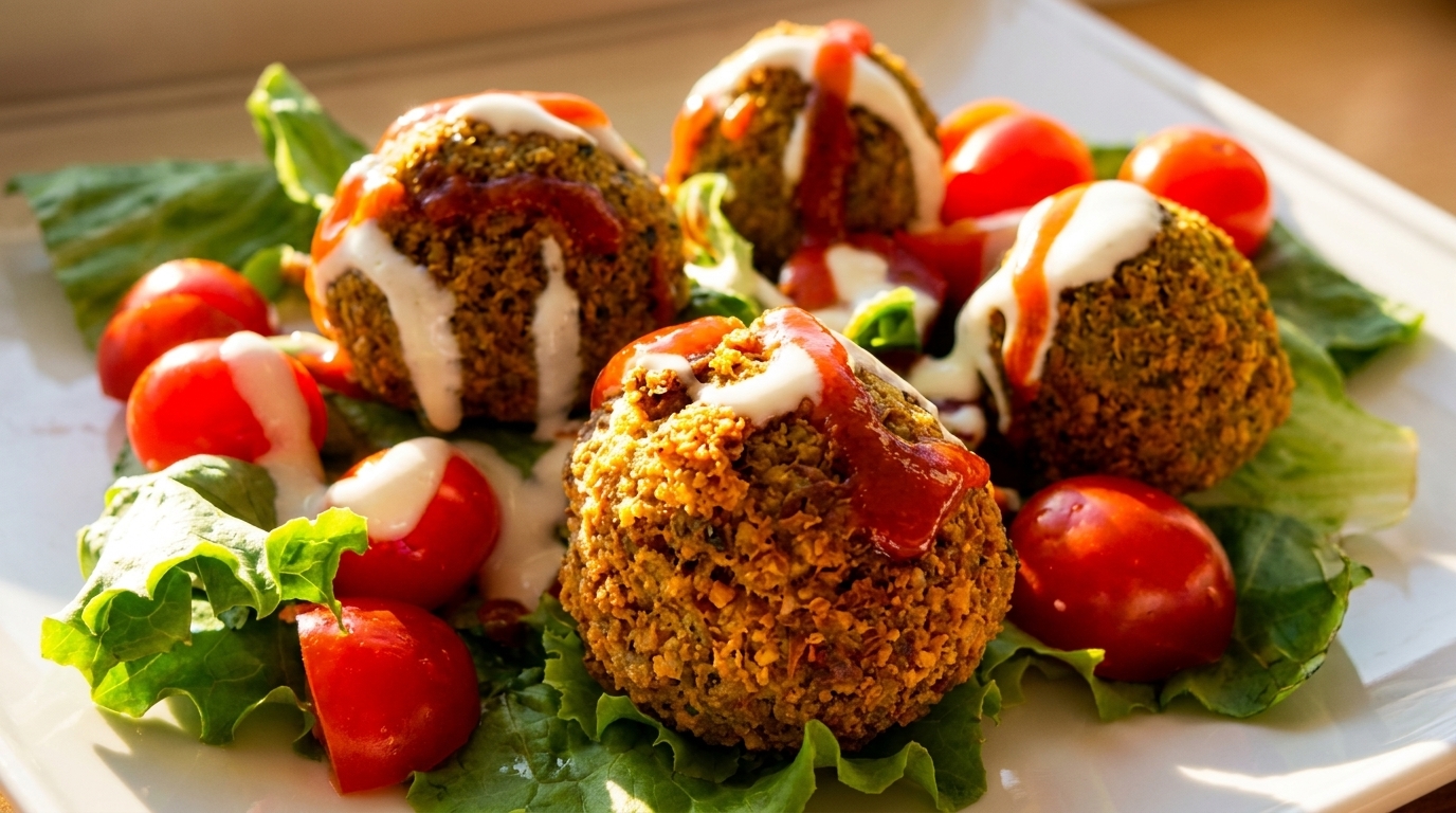 Crispy falafel balls drizzled with white sauce and red chili sauce, served on lettuce with cherry tomatoes.