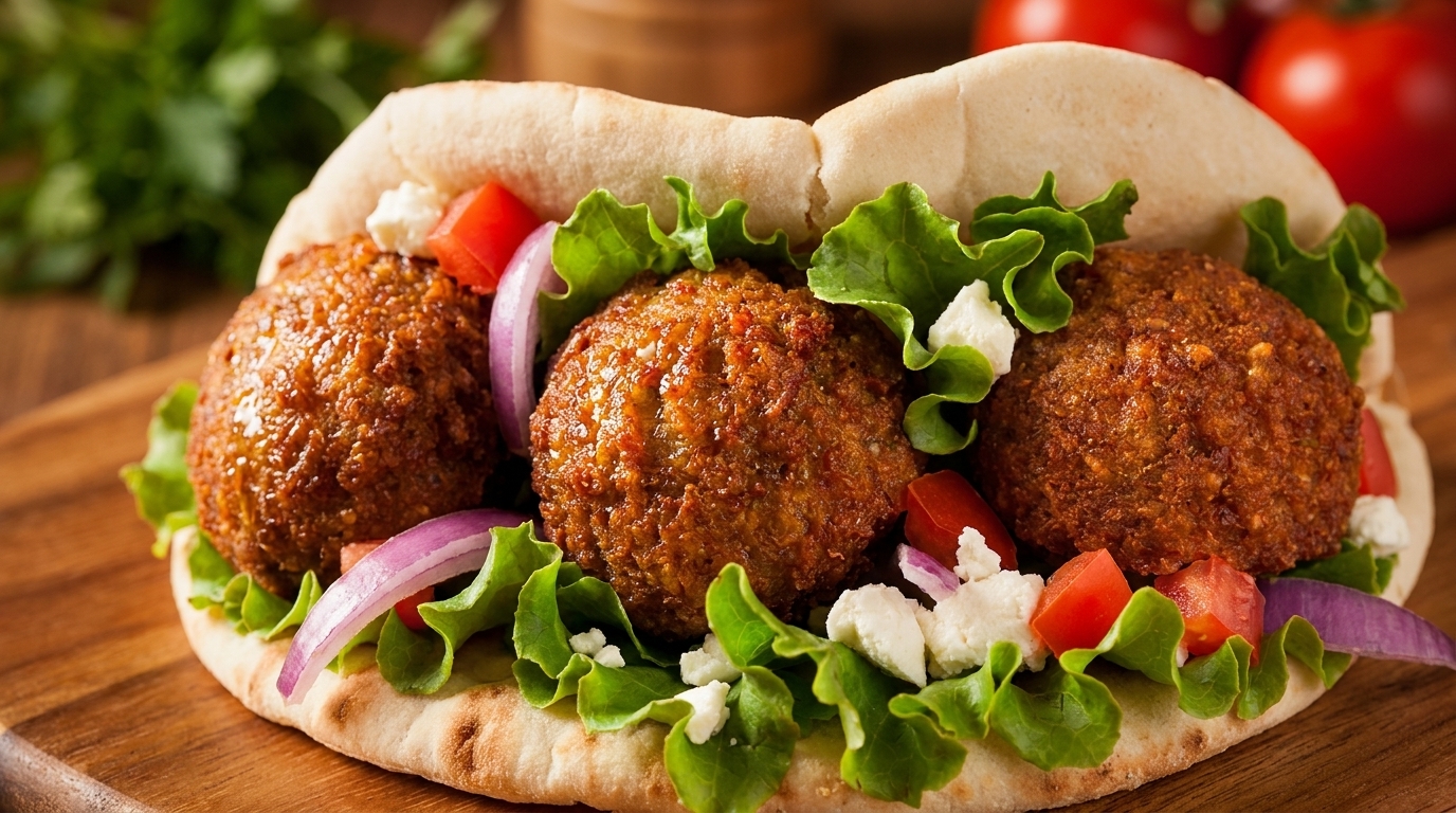 Three falafel balls in pita bread with lettuce, tomatoes, red onions, and feta cheese.