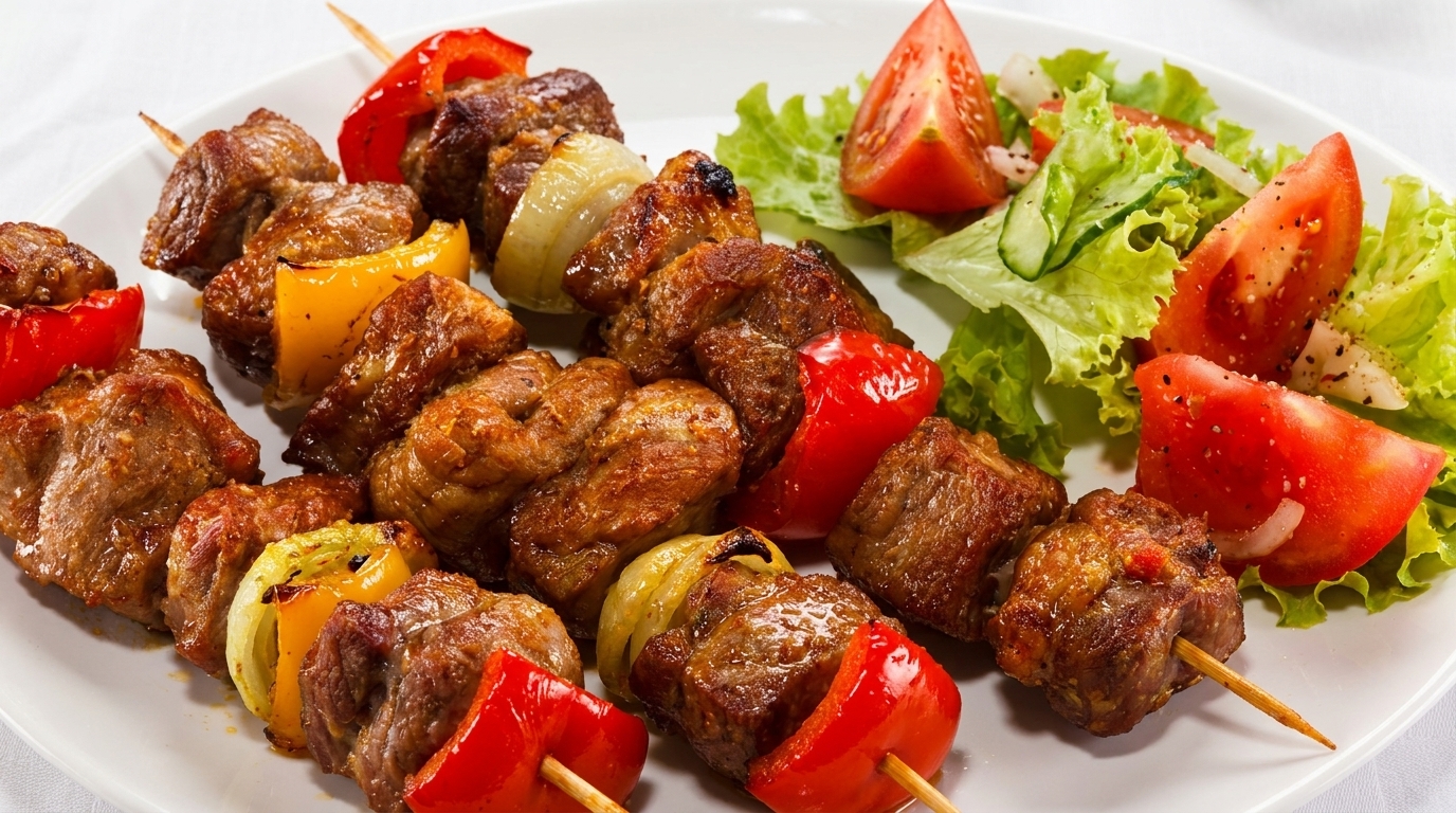Grilled meat and vegetable skewers with a side salad of lettuce, tomatoes, and cucumbers.