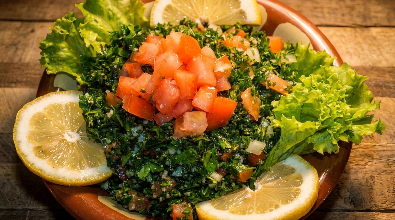 A vibrant tabbouleh salad with fresh parsley, diced tomatoes, and lemon slices on a rustic wooden table.