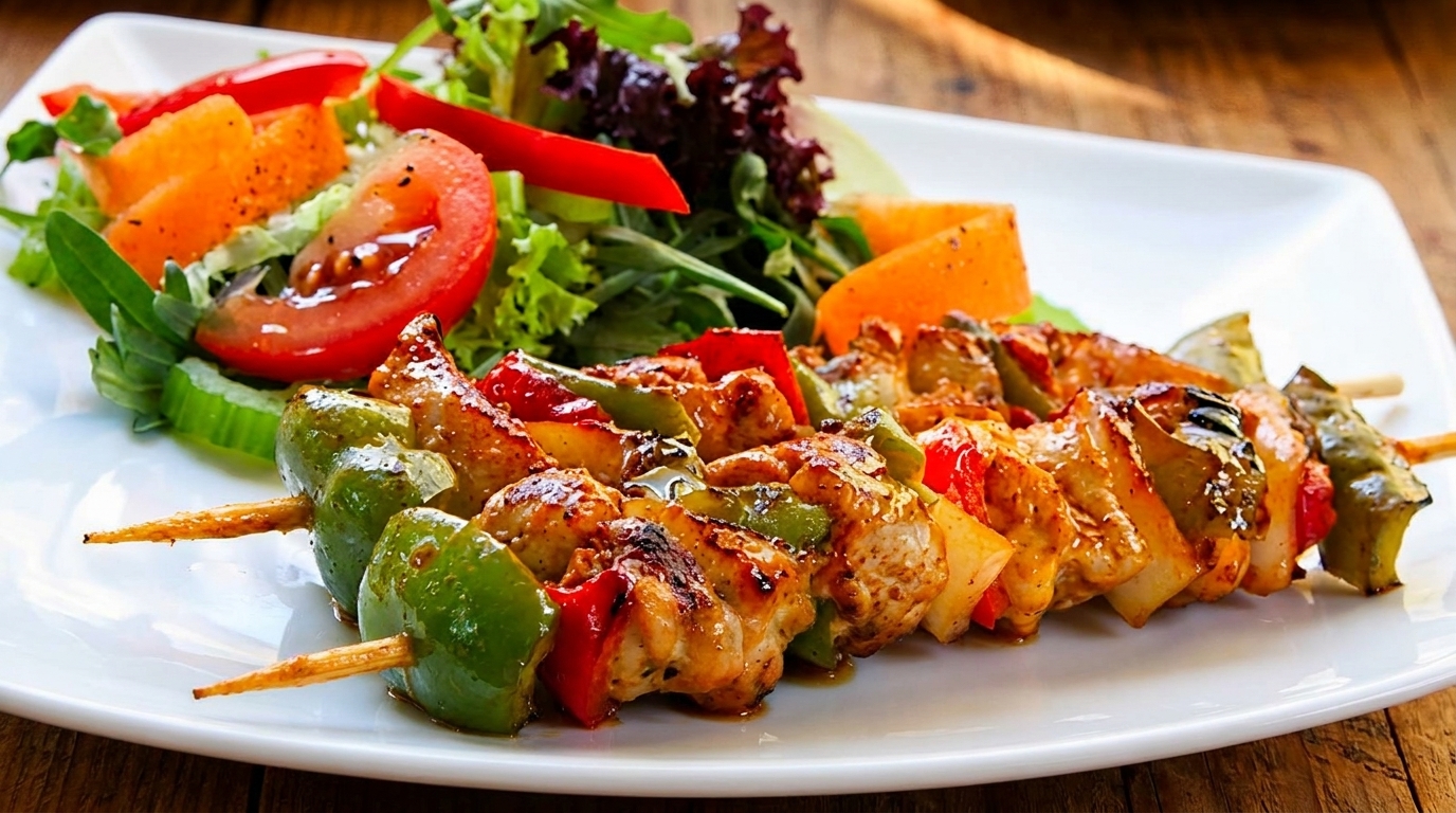 Two chicken and vegetable skewers with a side salad of lettuce, tomatoes, and cucumbers.