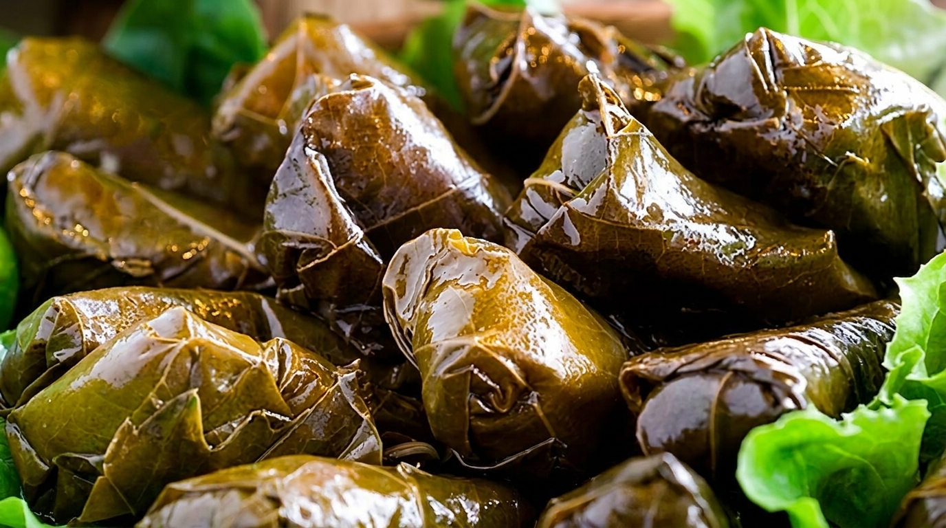 Close-up of numerous shiny, dark green stuffed grape leaves, known as dolmades, with fresh lettuce.