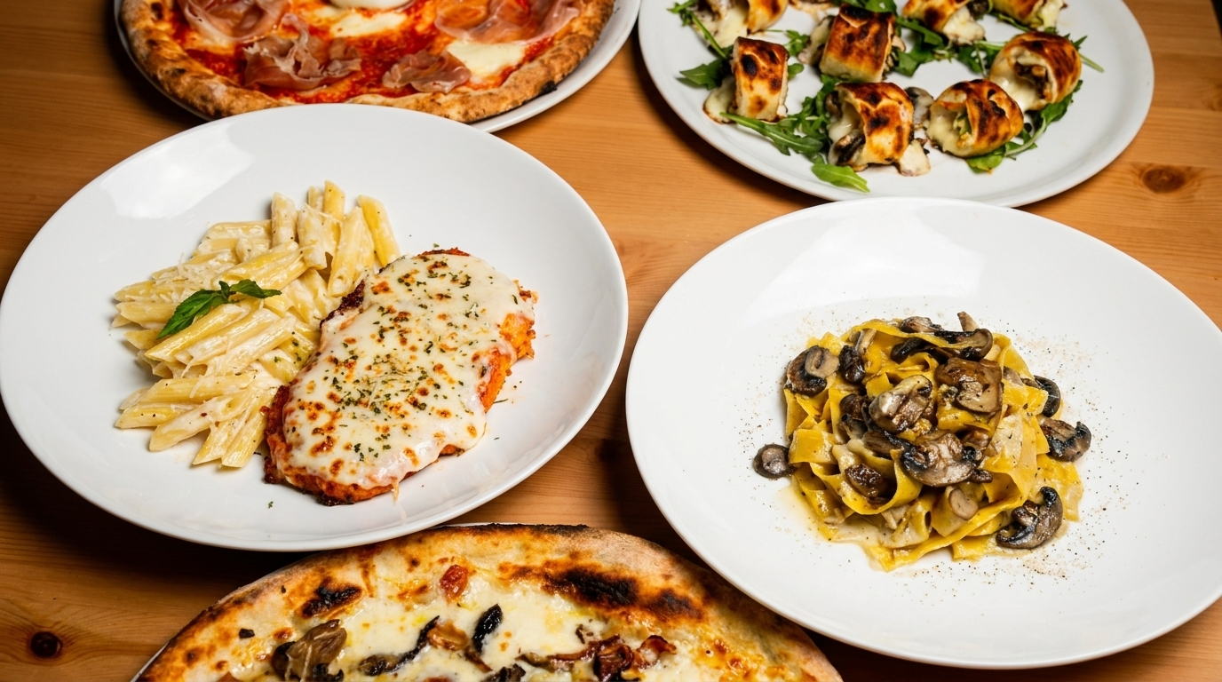 Table spread with Italian dishes: pizzas, chicken parmesan with penne, mushroom pasta, and rolled appetizers.