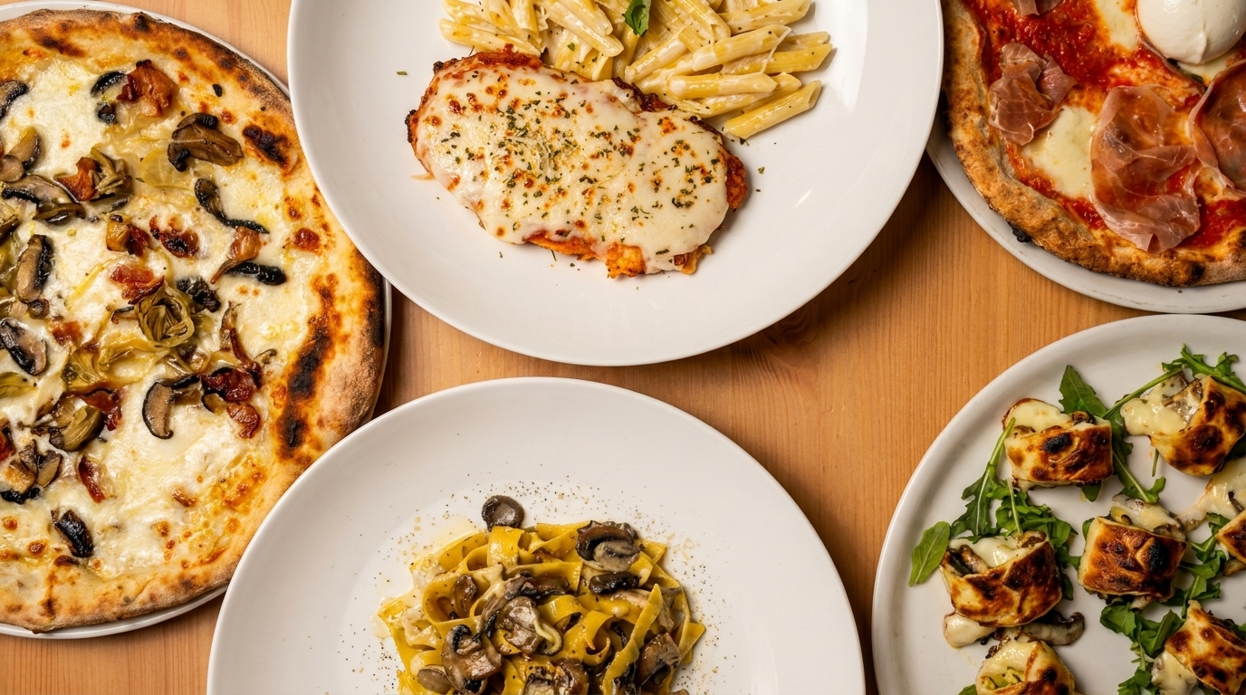 An overhead view of five Italian dishes, including pizzas, pasta, and chicken parmesan, on a wooden table.