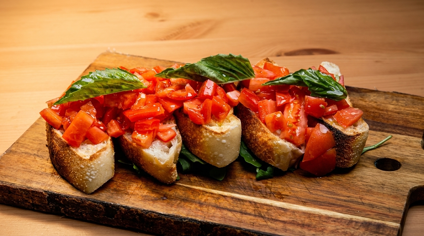 Four bruschetta pieces with diced tomatoes and basil on a wooden board.
