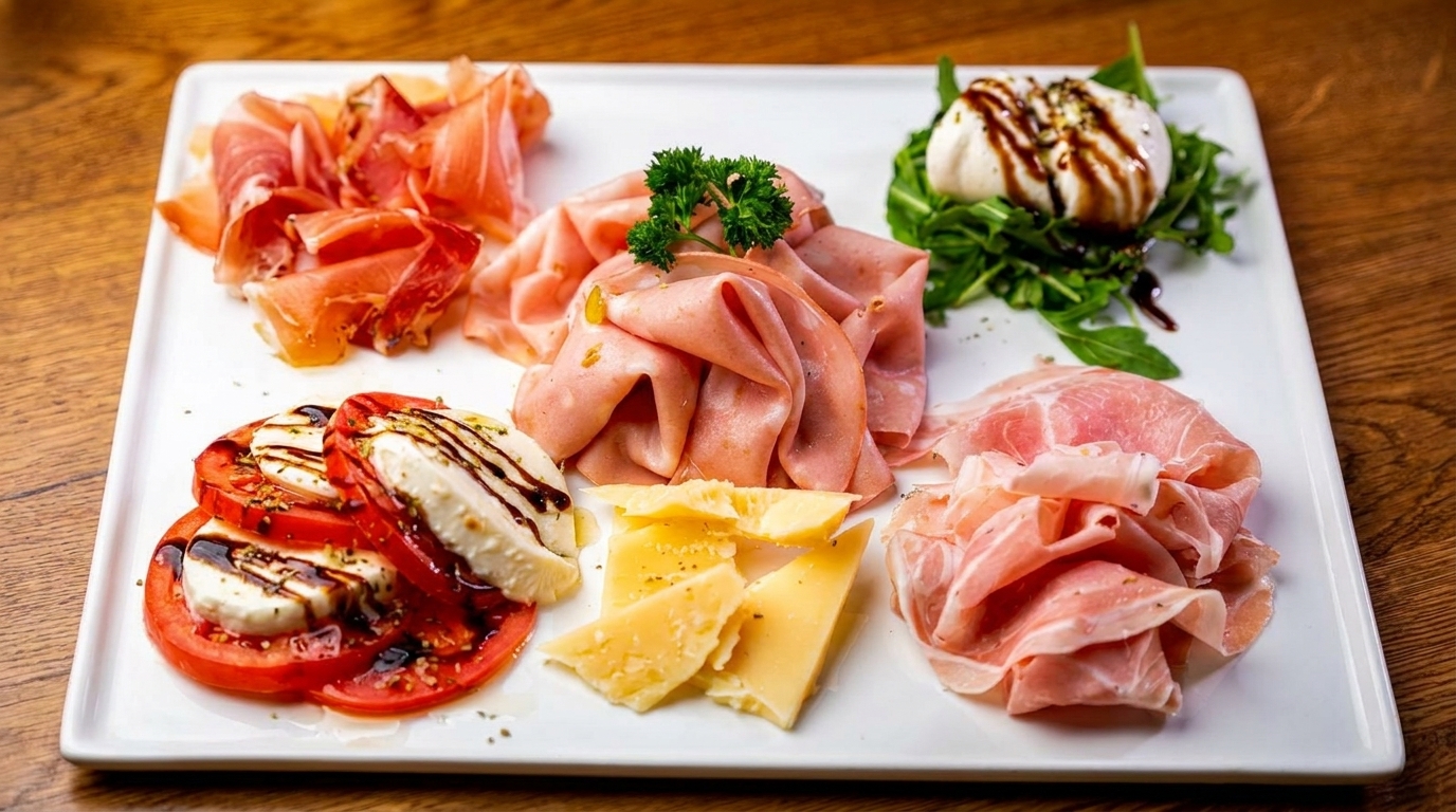 A white platter with various Italian appetizers including prosciutto, mortadella, burrata, and caprese.