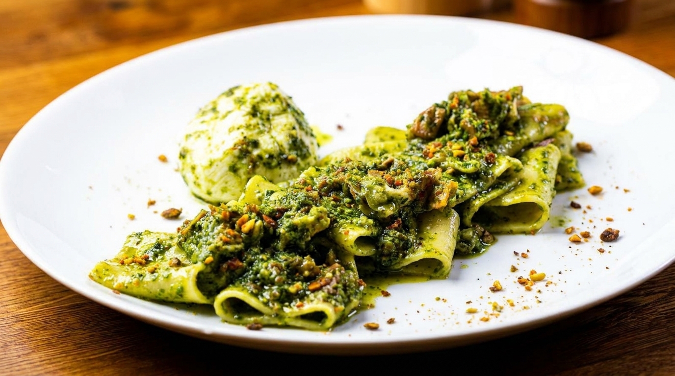 Green pesto pasta with a side of burrata cheese, garnished with nuts on a white plate.