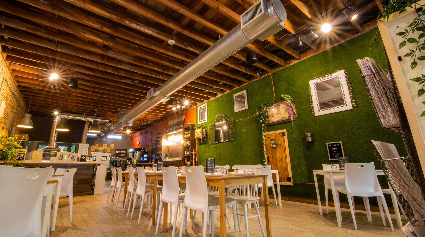 Restaurant interior with wooden beam ceiling, green moss wall, white chairs, and light wood tables.